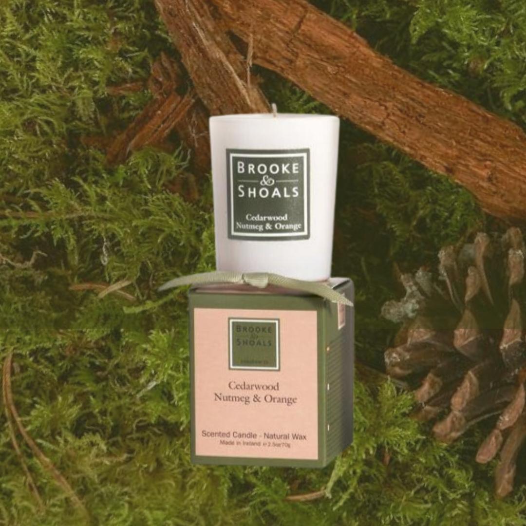 Brooke & Shoals Travel Candle Cedar Nutmeg Orange - Weirs of Baggot Street. Celebrating Irish Creators