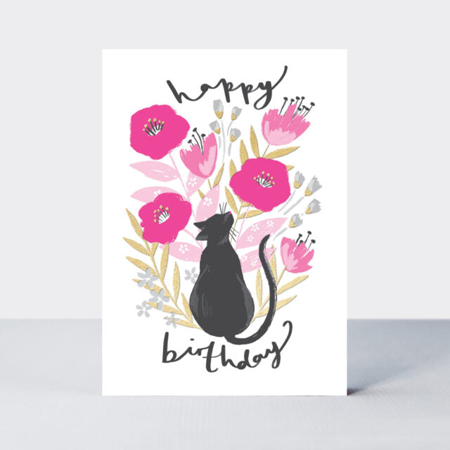 Greeting Card - Rachel Ellen Flamingo - Birthday Cat & Flowers Card by Weirs of Baggot Street