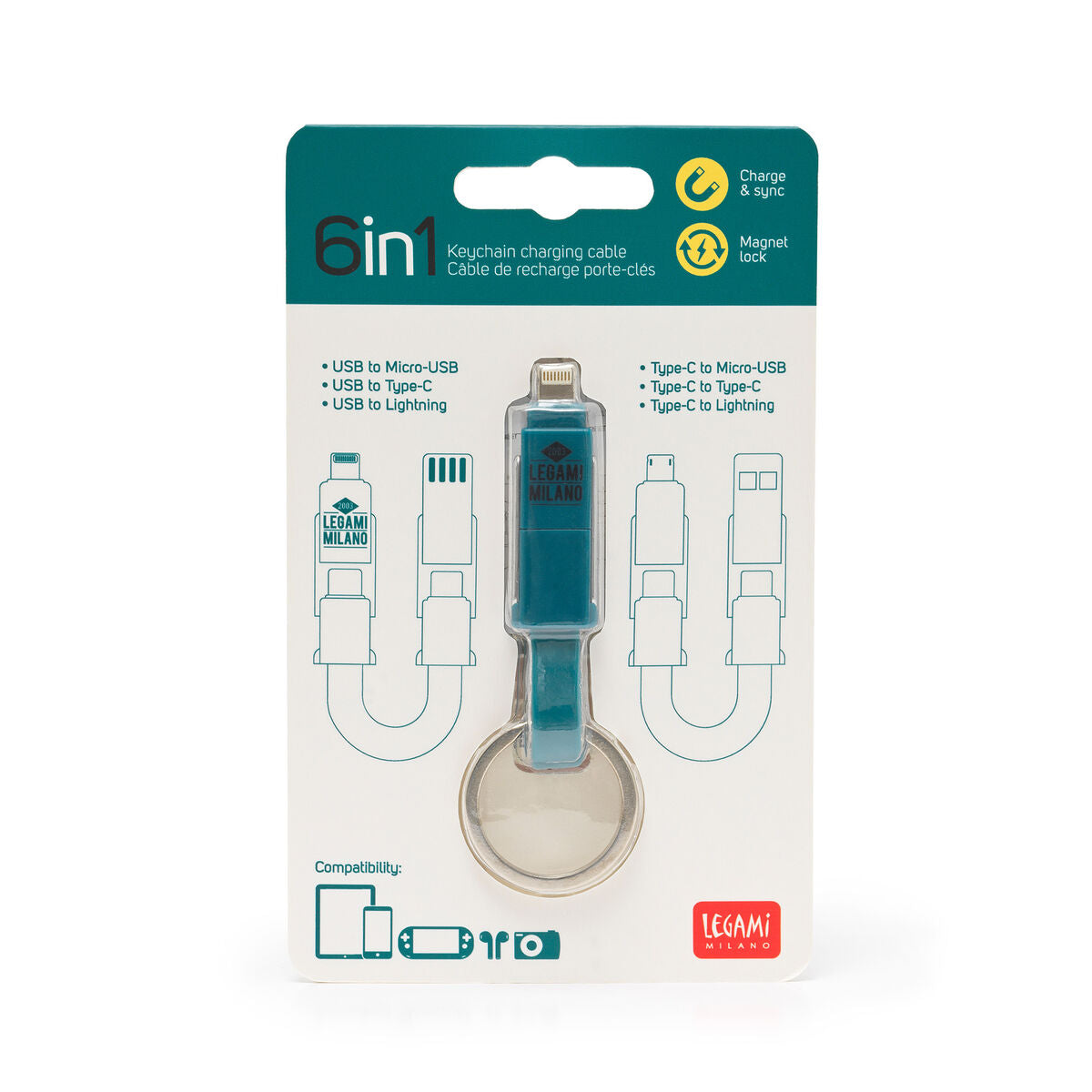 Fab Gifts | Legami 6-in-1 Keychain Charging Cable by Weirs of Baggot Street
