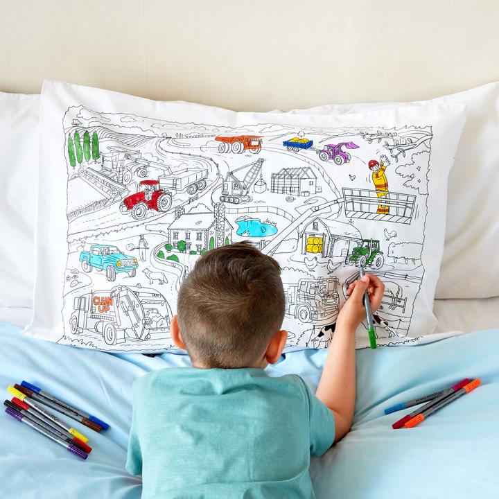 Eat Sleep Doodle Working Wheels Pillowcase - Colour in & Learn